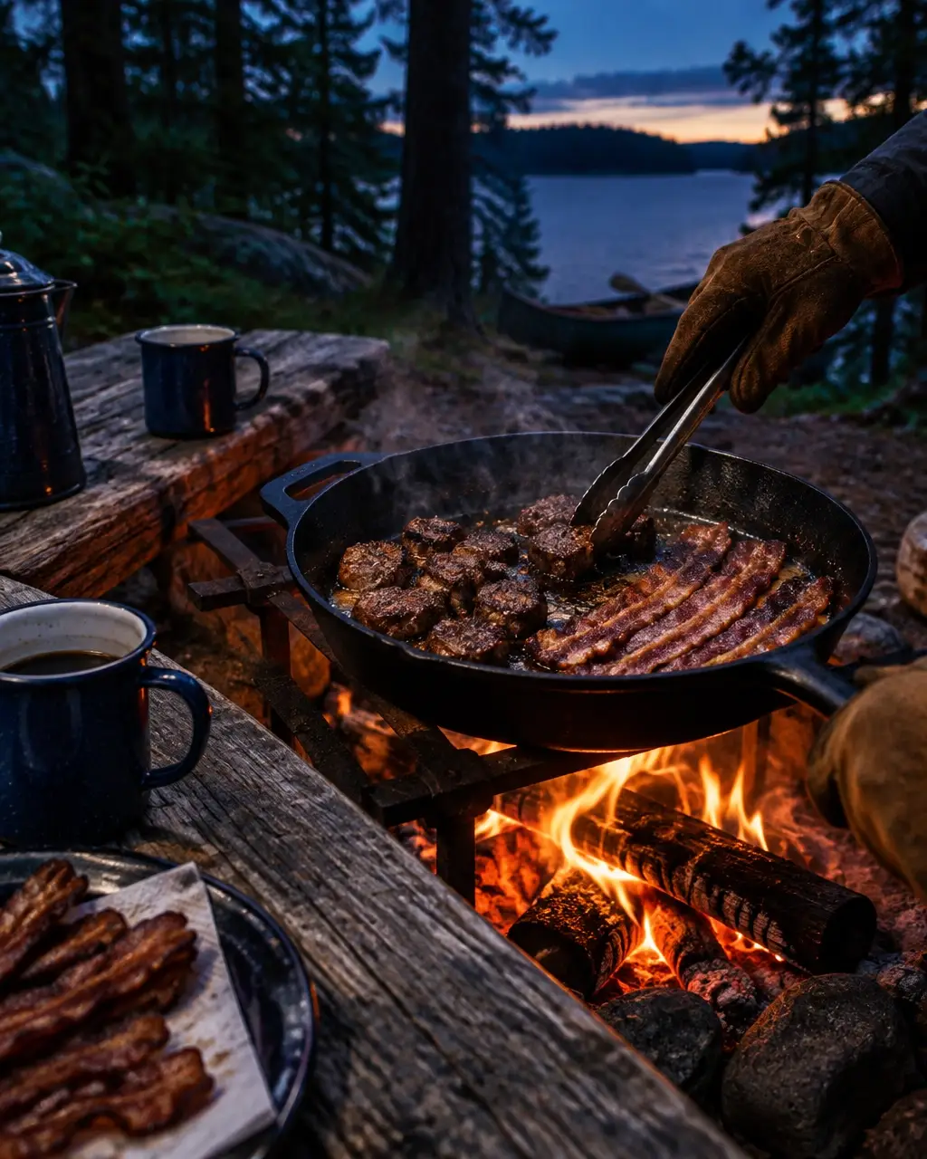 Cast iron skillet with bacon cooking at a Northwoods campsite