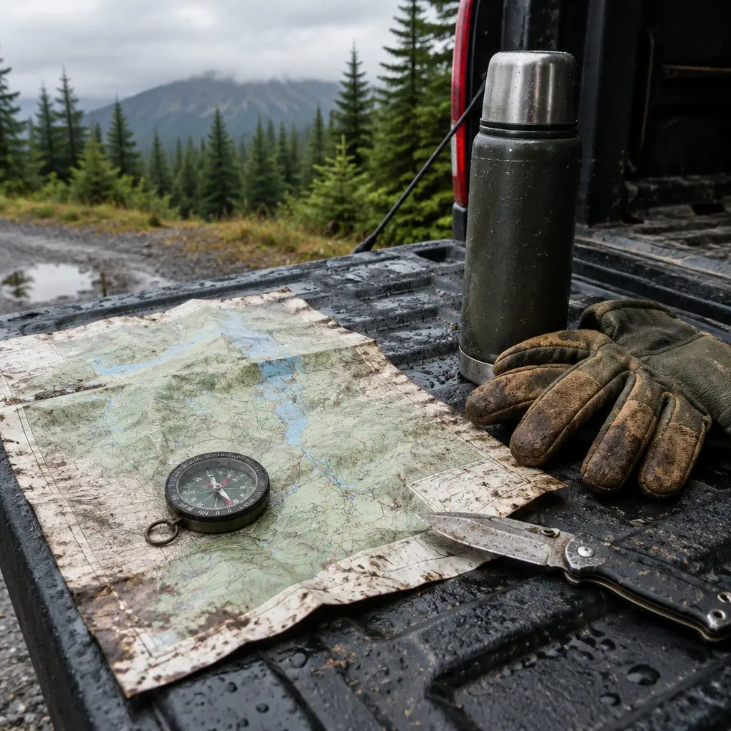 Trail map, compass, gloves, knife, and thermos on a truck tailgate